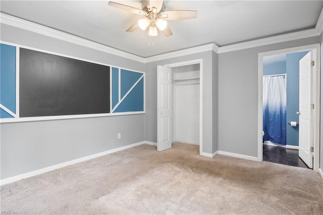 14 N Walker Rd, Hampton, VA 23666 - unfurnished bedroom featuring carpet, ornamental molding, baseboards, connected bathroom, and ceiling fan