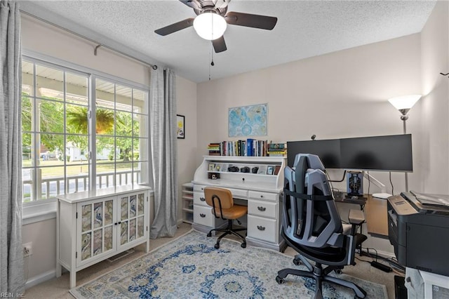 1216 New Born Ct, Chesapeake, VA 23322 - carpeted home office featuring ceiling fan, a textured ceiling, and baseboards