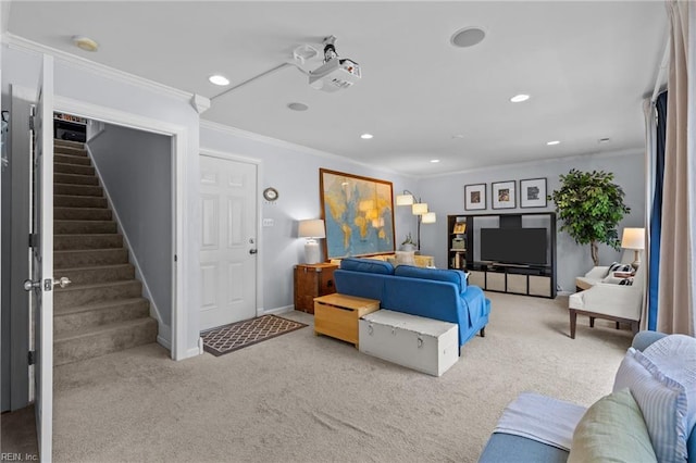 1216 New Born Ct, Chesapeake, VA 23322 - living room featuring carpet flooring, stairway, ornamental molding, recessed lighting, and baseboards