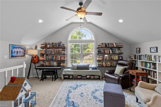 1216 New Born Ct, Chesapeake, VA 23322 - living area with lofted ceiling, a ceiling fan, and carpet