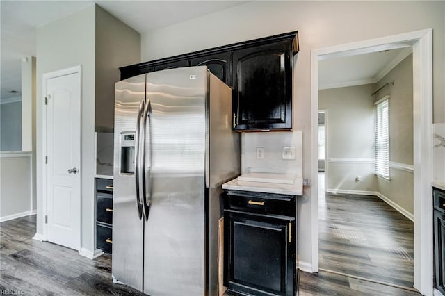 32 Gunter Ct, Hampton, VA 23666 - kitchen featuring stainless steel fridge with ice dispenser, dark wood-style floors, dark cabinetry, crown molding, and baseboards