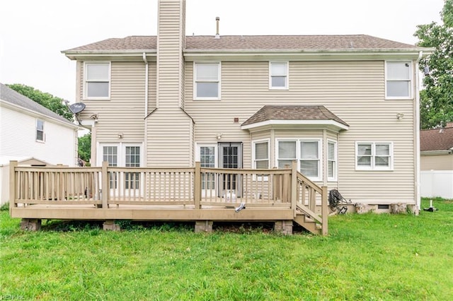 32 Gunter Ct, Hampton, VA 23666 - rear view of property featuring a deck, a lawn, a chimney, and a shingled roof