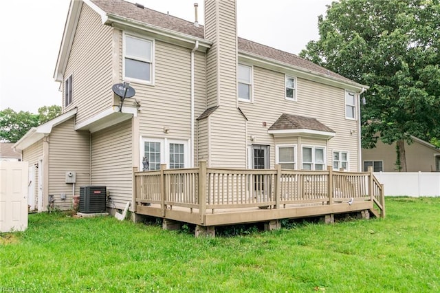 32 Gunter Ct, Hampton, VA 23666 - back of property with a chimney, a deck, central air condition unit, and roof with shingles