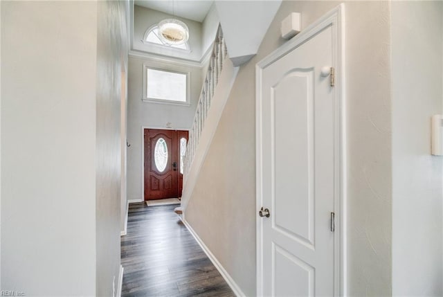 32 Gunter Ct, Hampton, VA 23666 - doorway to outside with stairs, dark wood finished floors, baseboards, and a high ceiling