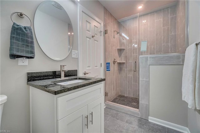 116 Odd Rd, Poquoson, VA 23662 - bathroom with tile patterned floors, a shower stall, vanity, toilet, and recessed lighting