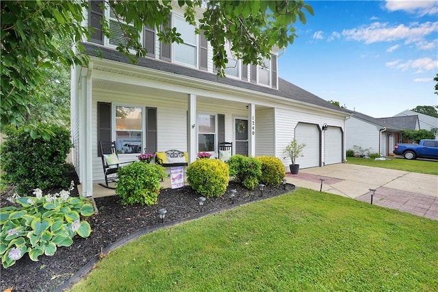 1240 Mozart Dr, Virginia Beach, VA 23454 - view of front of home featuring covered porch, driveway, a front lawn, and an attached garage