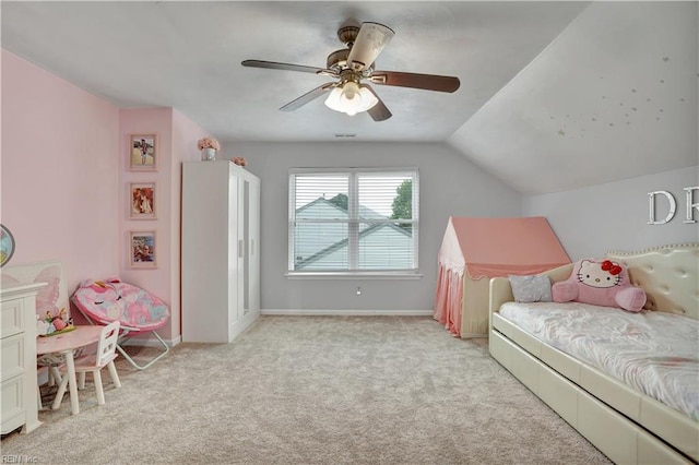1240 Mozart Dr, Virginia Beach, VA 23454 - bedroom featuring carpet floors, ceiling fan, baseboards, and vaulted ceiling