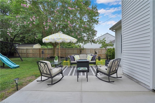 1240 Mozart Dr, Virginia Beach, VA 23454 - view of patio with an outdoor hangout area and a playground