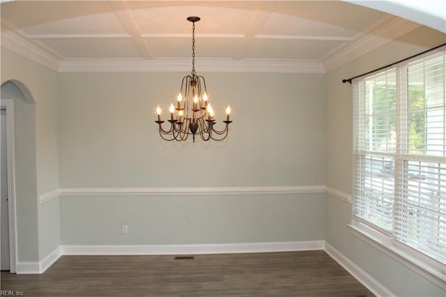 1158 Virginia Ave, Chesapeake, VA 23324 - unfurnished room featuring arched walkways, a chandelier, dark wood finished floors, ornamental molding, and baseboards