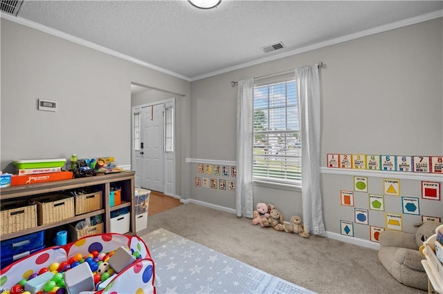1244 Bell Tower Arch, Chesapeake, VA 23324 - game room featuring carpet floors, crown molding, a textured ceiling, and baseboards
