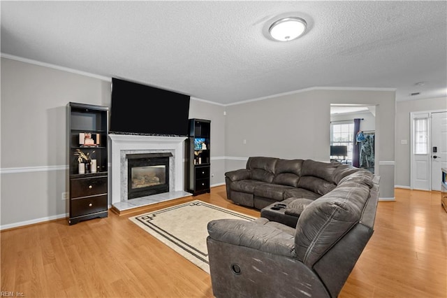 1244 Bell Tower Arch, Chesapeake, VA 23324 - living area with light wood-style floors, a textured ceiling, crown molding, a glass covered fireplace, and baseboards