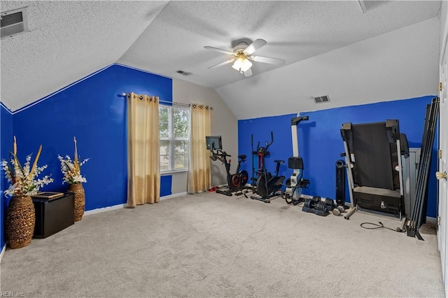 1244 Bell Tower Arch, Chesapeake, VA 23324 - exercise room featuring a ceiling fan, vaulted ceiling, a textured ceiling, baseboards, and carpet flooring