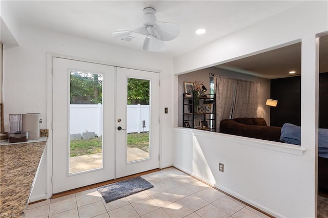 2389 Kerr Dr, Virginia Beach, VA 23454 - doorway to outside featuring french doors, light tile patterned flooring, a ceiling fan, and recessed lighting