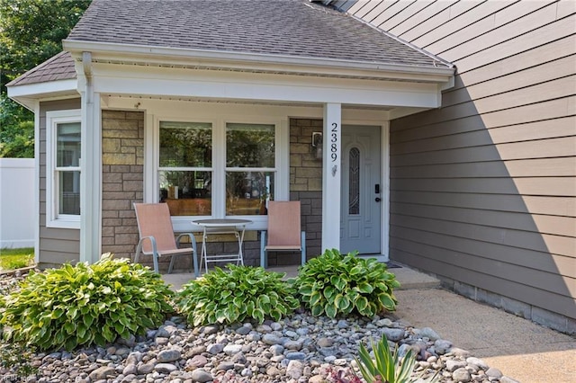 2389 Kerr Dr, Virginia Beach, VA 23454 - doorway to property with a shingled roof and covered porch