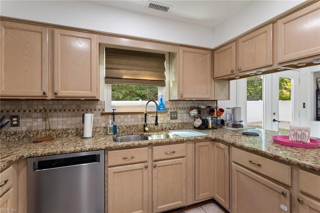 2389 Kerr Dr, Virginia Beach, VA 23454 - kitchen featuring stainless steel dishwasher, a sink, decorative backsplash, light brown cabinets, and light stone countertops