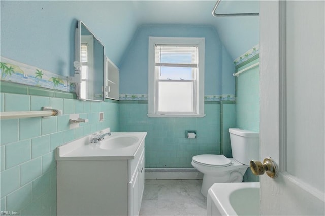 2718 Chesterfield Blvd, Norfolk, VA 23504 - bathroom featuring toilet, vanity, vaulted ceiling, tile walls, and baseboard heating