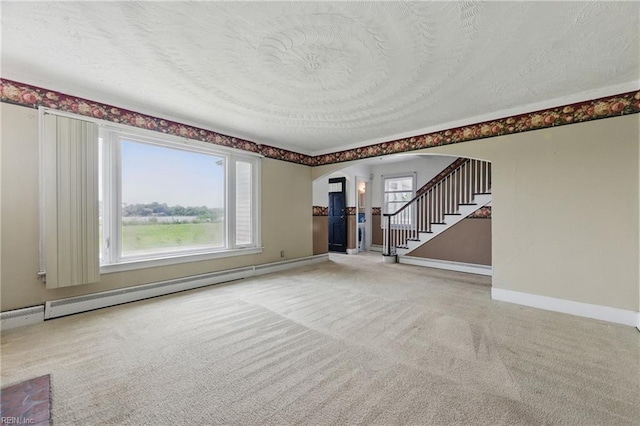 2718 Chesterfield Blvd, Norfolk, VA 23504 - unfurnished living room featuring arched walkways, stairs, carpet flooring, baseboards, and baseboard heating