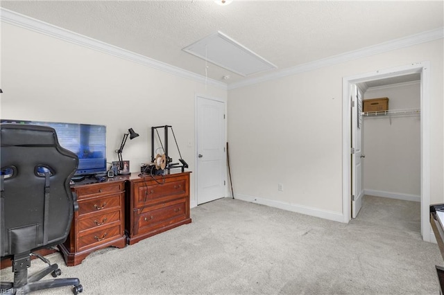 35220 Seacock Chapel Rd, Zuni, VA 23898 - office featuring attic access, ornamental molding, carpet floors, and baseboards