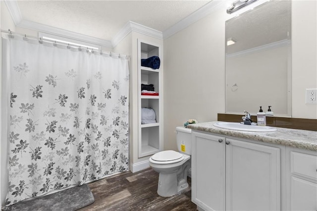 35220 Seacock Chapel Rd, Zuni, VA 23898 - full bathroom with wood finished floors, vanity, toilet, a textured ceiling, and crown molding