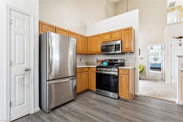 113 Trevor Trce, Yorktown, VA 23692 - kitchen with stainless steel appliances, a high ceiling, light countertops, and light wood-style floors