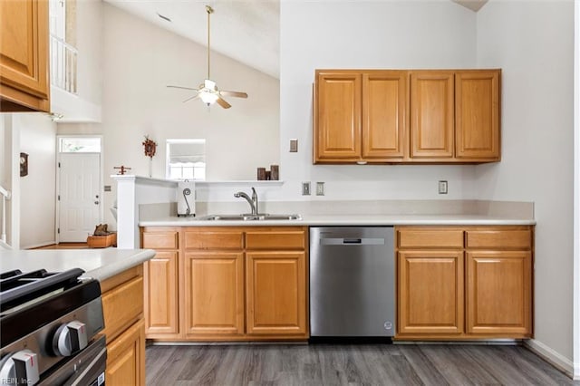 113 Trevor Trce, Yorktown, VA 23692 - kitchen featuring stainless steel appliances, ceiling fan, dark wood-style floors, light countertops, and high vaulted ceiling