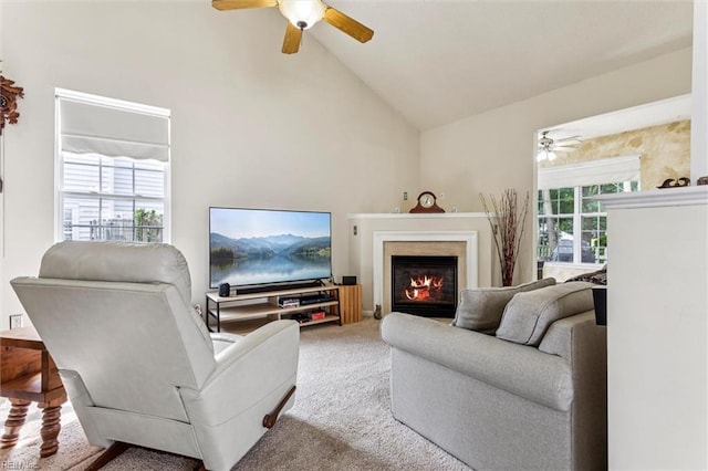 113 Trevor Trce, Yorktown, VA 23692 - living room with a ceiling fan, carpet floors, a glass covered fireplace, and high vaulted ceiling