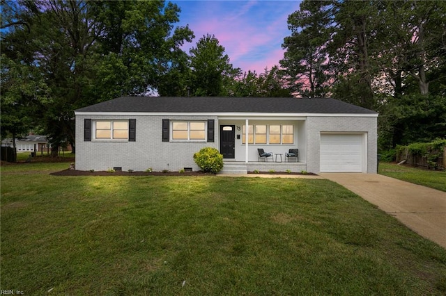 13 Cortez Ct, Hampton, VA 23666 - single story home featuring an attached garage, concrete driveway, a porch, a front lawn, and brick siding