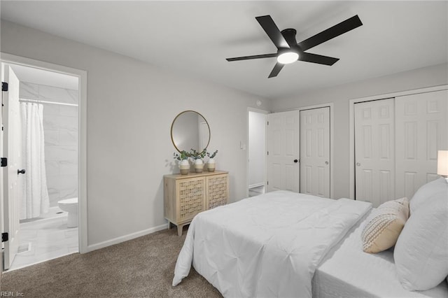 13 Cortez Ct, Hampton, VA 23666 - carpeted bedroom featuring multiple closets, baseboards, connected bathroom, and a ceiling fan