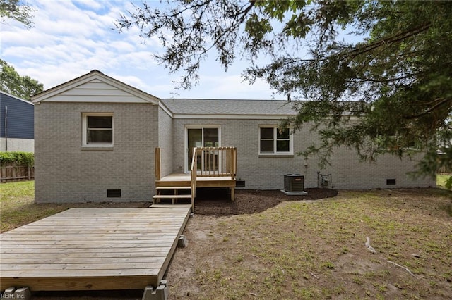 13 Cortez Ct, Hampton, VA 23666 - back of house featuring crawl space, a wooden deck, brick siding, and central AC unit