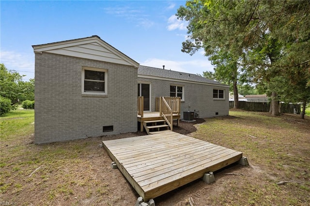 13 Cortez Ct, Hampton, VA 23666 - back of property with crawl space, a wooden deck, central AC, a lawn, and brick siding