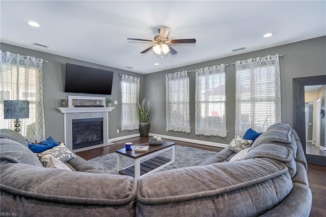 604 Baker Loop, Chesapeake, VA 23320 - living area with a ceiling fan, wood finished floors, baseboards, a fireplace with flush hearth, and recessed lighting