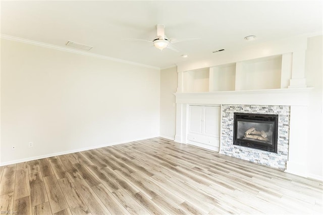 2408 Raynor Ct, Virginia Beach, VA 23456 - unfurnished living room with ceiling fan, a glass covered fireplace, wood finished floors, crown molding, and baseboards