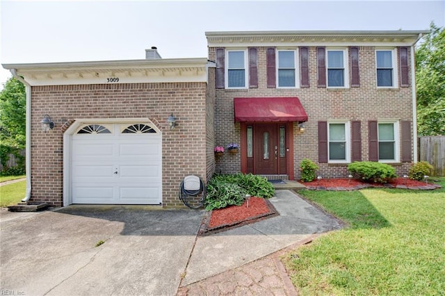 3009 Barberry Ln, Virginia Beach, VA 23453 - view of front facade featuring driveway, a front lawn, a garage, and brick siding