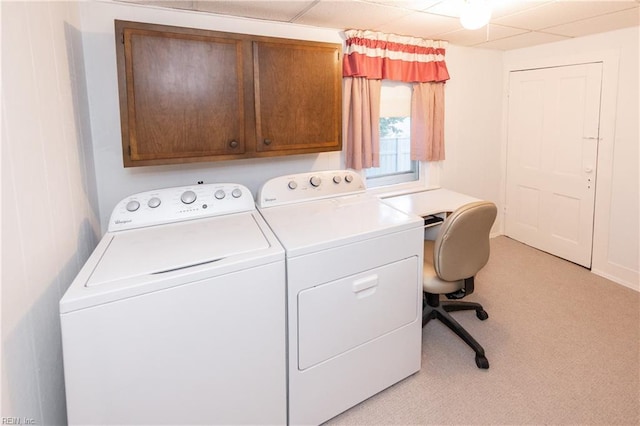 1330 Laurel Cres, Norfolk, VA 23505 - laundry room featuring cabinet space, washing machine and dryer, light colored carpet, and a desk