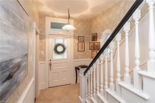 1330 Laurel Cres, Norfolk, VA 23505 - entrance foyer featuring wallpapered walls, a wainscoted wall, light colored carpet, stairway, and a decorative wall
