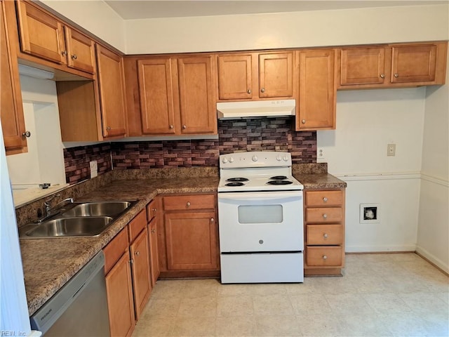 5529 Baccalaureate Dr, Virginia Beach, VA 23462 - kitchen with under cabinet range hood, white electric range, a sink, dishwasher, and brown cabinetry