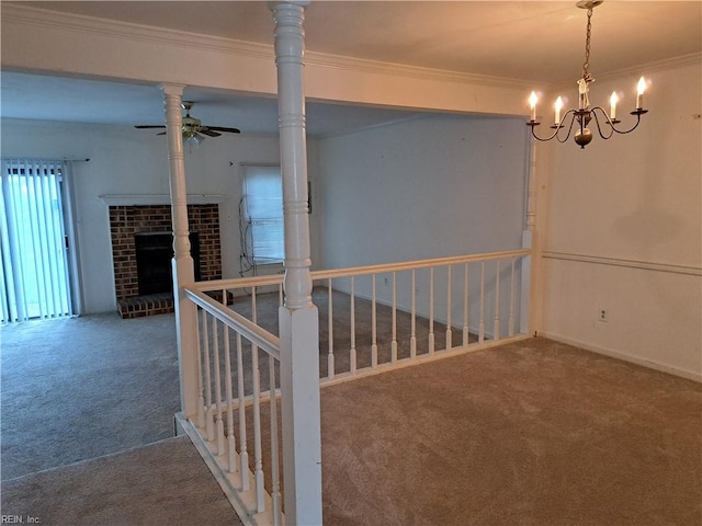 5529 Baccalaureate Dr, Virginia Beach, VA 23462 - carpeted spare room with ceiling fan, a chandelier, crown molding, and a fireplace