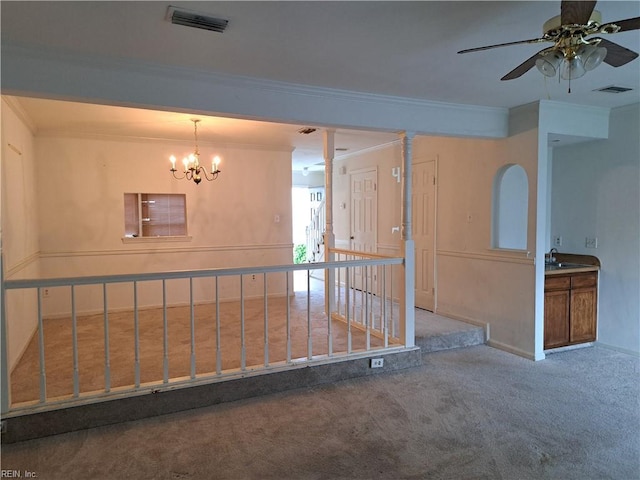 5529 Baccalaureate Dr, Virginia Beach, VA 23462 - carpeted spare room with crown molding, a ceiling fan, a chandelier, a sink, and baseboards