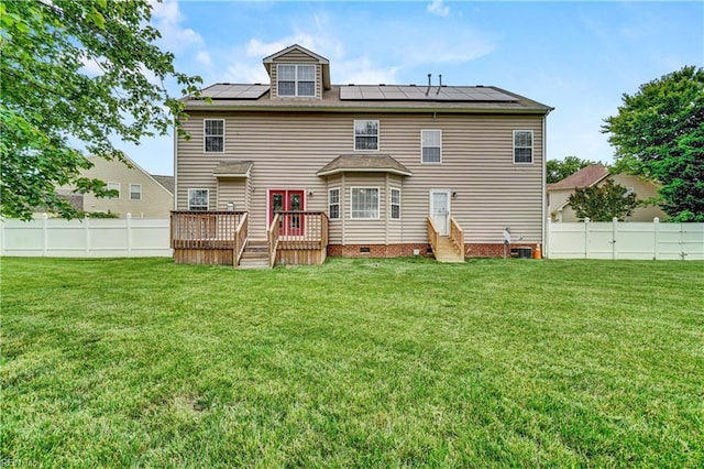 204 Goshawk Ct, Suffolk, VA 23435 - back of property with a wooden deck, crawl space, solar panels, and entry steps