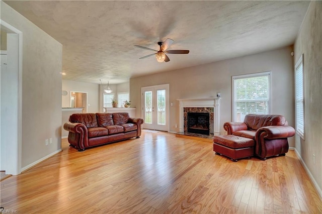 204 Goshawk Ct, Suffolk, VA 23435 - living area with light wood-type flooring, a ceiling fan, healthy amount of natural light, a fireplace, and a textured ceiling