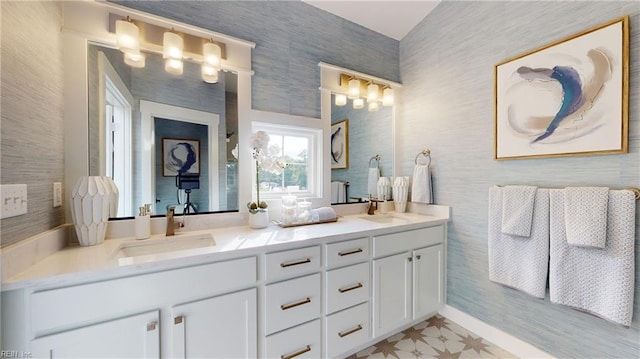 909 Jennings Ln, Chesapeake, VA 23322 - full bathroom with double vanity, wallpapered walls, and tile patterned floors