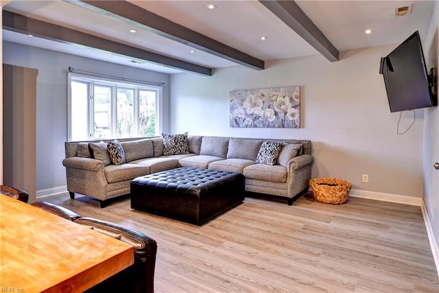 115 Bowen Dr, Hampton, VA 23666 - living room featuring beam ceiling, light wood-style flooring, and recessed lighting