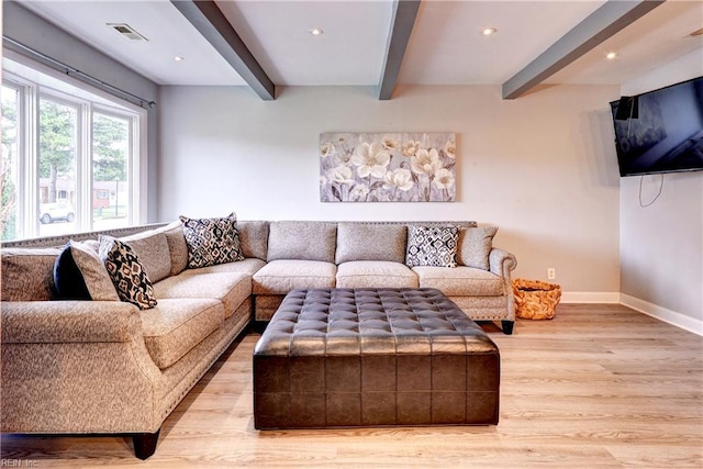 115 Bowen Dr, Hampton, VA 23666 - living room featuring beamed ceiling, light wood-type flooring, and recessed lighting