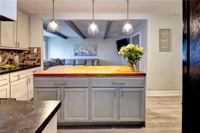 115 Bowen Dr, Hampton, VA 23666 - kitchen with wooden counters, light wood-type flooring, tasteful backsplash, gray cabinetry, and beamed ceiling