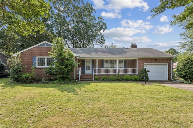122 Avery Cres, Newport News, VA 23606 - ranch-style house featuring covered porch, a garage, brick siding, concrete driveway, and a front yard