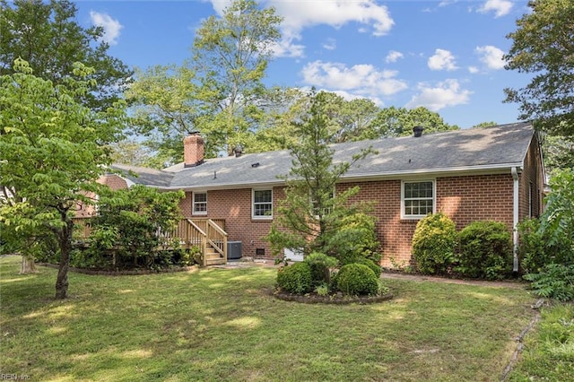 122 Avery Cres, Newport News, VA 23606 - back of house with a deck, a lawn, a chimney, brick siding, and central AC
