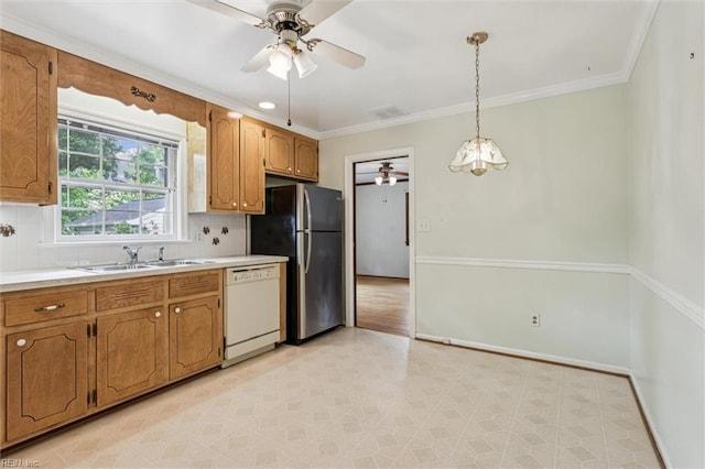 122 Avery Cres, Newport News, VA 23606 - kitchen featuring white dishwasher, a sink, ceiling fan, freestanding refrigerator, and light floors