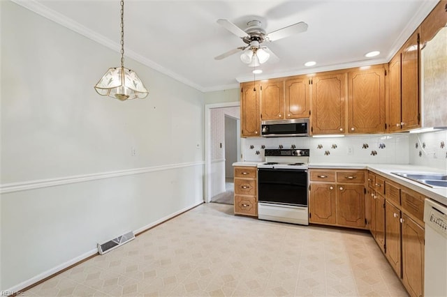 122 Avery Cres, Newport News, VA 23606 - kitchen with white appliances, a sink, ceiling fan, backsplash, and light countertops