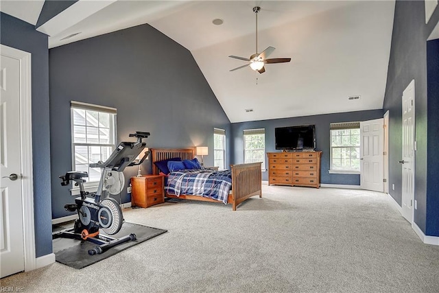 1228 Cherrytree Ln, Chesapeake, VA 23320 - carpeted bedroom featuring high vaulted ceiling, baseboards, and ceiling fan