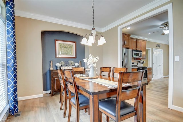 1228 Cherrytree Ln, Chesapeake, VA 23320 - dining room featuring a chandelier, baseboards, light wood-type flooring, ornamental molding, and recessed lighting